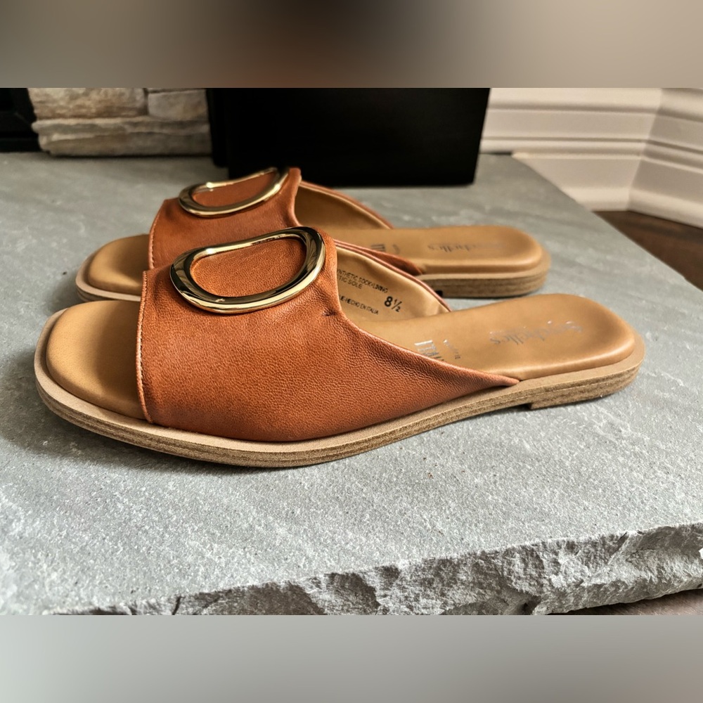 Seychelles Women’s Size 8.5 Tan Leather Gold End Of Time Slide Sandal FLAW - Picture 3 of 10